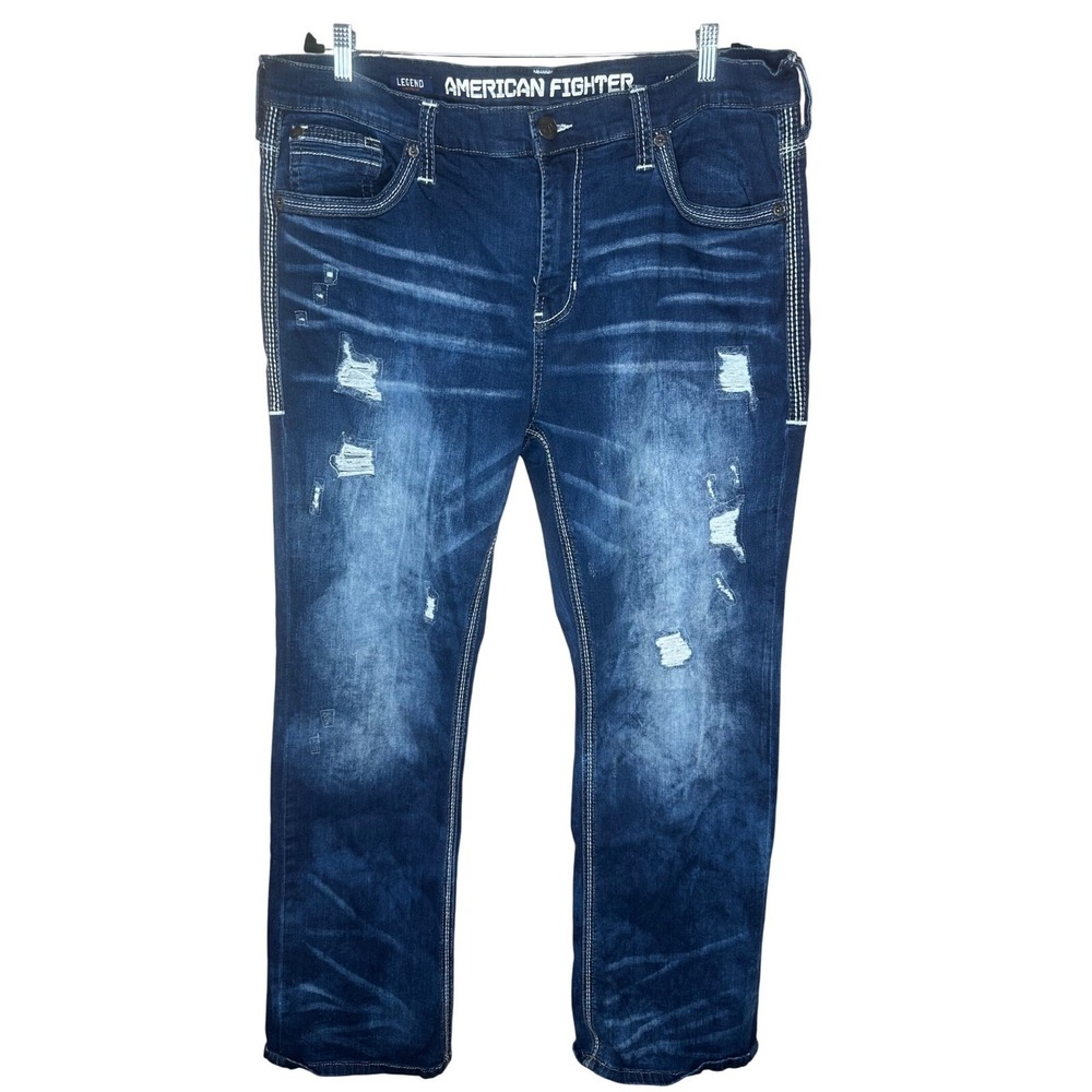 American Fighter Legend Slim Straight Jeans 42 Dark Wash Distressed Streetwear